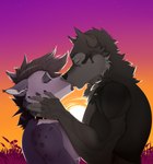 anthro collar duo eyes_closed female kiss_on_lips kissing male male/female passionate passionate_kiss sunset guepardoxart canid canine canis hyena mammal wolf absurd_res hi_res