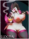 anthro areola big_areola big_breasts big_eyes border bovid_horn breasts butt caprine_horn cigarette claws clothing collar curvy_figure female genitals goat_horn hair horn huge_breasts huge_hips leash legwear long_hair looking_at_viewer nipples nude piercing pink_eyes pupils pussy ram_horn scar slit_pupils small_waist smile smoke smoking solo stockings text thick_thighs thigh_highs white_border wide_hips r-mk baphomet_(deity) luxeia bovid caprine caprine_demon deity demon goat goat_demon mammal absurd_res digital_media_(artwork) hi_res