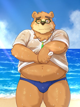 anthro beach blush brown_body brown_fur bulge clothing cloud detailed_background eyewear fur glasses kemono male one_eye_closed outside overweight overweight_male shirt solo swimwear topwear water wet yaki_atsuage lifewonders tokyo_afterschool_summoners volos_(tas) bear mammal 2025 absurd_res hi_res