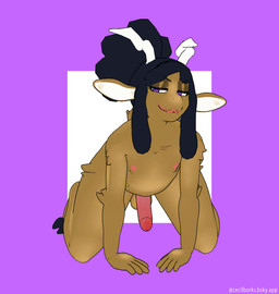all_fours anthro arm_tuft balls bedroom_eyes black_hair brown_body brown_fur dreadlocks elbow_tuft eyelashes fur genitals hair hooves horn leg_tuft male narrowed_eyes open_mouth penis purple_eyes seductive shoulder_tuft solo thigh_tuft tuft cecildeatrio cecil_(cecildeatrio) bovid caprine goat mammal 3d_(artwork) cel_shading digital_media_(artwork) shaded