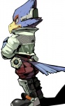 anthro armor beak blue_body blue_eyes blue_feathers boots bottomwear clothed clothing feathers footwear fully_clothed greaves jacket male pants shoes side_view simple_background solo topwear white_background koki nintendo star_fox falco_lombardi avian bird