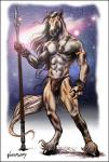 abs anklet anthro biped bottomwear bracelet bulge clothing ear_piercing front_view fur hooves jewelry loincloth male melee_weapon necklace piercing polearm solo spear standing tan_body tan_fur tribal weapon werepuppy equid equine horse mammal