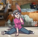 anthro blurred_background blush bottomwear breasts brown_hair clothing ear_growth female footwear fur fur_growth gender_transformation grey_body grey_fur growth hair human_to_anthro mid_transformation mtf_transformation pants red_clothing red_shirt red_topwear shirt shoes solo species_transformation tf_into_fictional_character topwear transformation blacksheeptfs disney zootopia judy_hopps human lagomorph leporid mammal rabbit 2023 absurd_res digital_media_(artwork) hi_res shaded