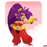 blue_eyes breasts cleavage clothed clothing dancing ear_piercing female footwear hair heart_symbol humanoid_pointy_ears long_hair looking_at_viewer navel not_furry one_eye_closed open_mouth open_smile piercing ponytail purple_hair shoes simple_background smile solo tan_body tan_skin wink legendofnerd shantae_(series) wayforward shantae genie humanoid 1:1 2024 2d_animation animated digital_media_(artwork) frame_by_frame motion_tweening pixel_(artwork) short_playtime signature