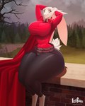 anthro big_breasts breasts cloak clothing curvy_figure female floppy_ears forest hair hair_over_eye hourglass_figure lop_ears plant sitting solo thick_thighs tight_clothing tree hiverdose last_fables eni_siverets_(last_fables) hare lagomorph leporid mammal hi_res