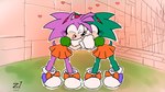 anthro bottomwear clothed clothing duo eyes_closed female fur furgonomics gloves green_body green_fur handwear heart_symbol hug open_mouth pink_body pink_fur ribbons skirt smile square_crossover tail tail_through_skirt thin_calves thin_legs thin_thighs chocobochickfantasy classic_sonic_(universe) sega sonic_robo_blast_2 sonic_the_hedgehog_(series) amy_rose classic_amy_rose eulipotyphlan hedgehog mammal 16:9 hi_res widescreen