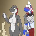 anthro armor blush bulge clothed clothing duo erection female genitals male penis simple_background underwear tala128 mario_bros nintendo fan_character rayoshi tala_(tala128) black_yoshi blue_yoshi scalie yoshi 1:1 hi_res