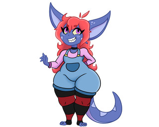 4_fingers anthro blue_body breasts clothing female fingers hair huge_hips huge_thighs legwear non-mammal_breasts overalls overweight overweight_anthro overweight_female purple_eyes red_hair shirt smile solo stockings tail thick_thighs topwear wide_hips tibbs mythology star_(tibbs) dragon mythological_creature mythological_scalie scalie 5:4 hi_res