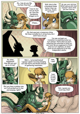 4_poster_bed 5_fingers abs anthro areola back_spines barefoot bed bed_sheet bedding biceps biped black_claws blue_eyes blush blush_lines bodily_fluids border bottomwear brown_body brown_eyes brown_fur cheek_tuft chest_tuft claws clothed clothed_anthro clothed_male clothing countershade_ears countershade_face countershade_fur countershade_neck countershade_tail countershade_torso countershading curtains detailed_background dialogue digitigrade duo ears_down embarrassed facial_horn facial_tuft feet finger_claws fingers fur fur_markings furniture gloves_(marking) green_body green_spines hand_on_chest hand_on_shoulder head_spines head_tuft horn hug inside leg_markings loincloth loincloth_only looking_at_another looking_at_partner lying male male/male markings membrane_(anatomy) membranous_wings muscular muscular_anthro muscular_male navel neck_spines nipples nuzzling open_mouth orange_body orange_fur pawpads paws pecs pillow pink_pawpads pivoted_ears purple_background purple_bottomwear purple_clothing purple_loincloth red_curtains romantic romantic_couple scratching_head silhouette simple_background sitting skinny skinny_anthro skinny_male snout socks_(marking) speech_bubble spines sweat sweatdrop tail tail_spines tan_background tan_body tan_fur teeth text toe_claws toes tongue topless topless_anthro topless_male tuft wallpaper_(decoration) white_border wings yellow_background geminisaint mythology farin sekk'ral canid canine dragon fox mammal mythological_creature mythological_scalie scalie 2026 comic digital_media_(artwork) english_text hi_res