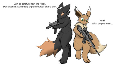 3_toes 4_fingers ambiguous_gender anthro black_body black_fur black_nose brown_body brown_fur chest_tuft duo feet fingers fur green_eyes gun head_tuft mp5sd orange_body orange_eyes orange_fur pale_fur paws psg-1 ranged_weapon rifle simple_background sniper_rifle submachine_gun text toes tuft weapon white_background white_body white_fur bruhman33 casualties:_unknown gunsaw nintendo pokemon eevee expie_(gunsawian) generation_1_pokemon gunsawian pokemon_(species) 16:9 2026 english_text hi_res widescreen
