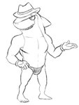 anthro barefoot clothed clothing colored_swimwear feet gloves handwear hat headgear headwear male open_mouth simple_background solo speedo swimwear teeth_showing topless white_background thegreatmatsutzu level-5 yo-kai_watch indiana_jaws_(yo-kai_watch) fish marine shark black_and_white monochrome sketch