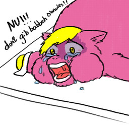 ambiguous_feral ambiguous_gender blonde_hair bloodshot_eyes bodily_fluids bound cruelty crying dialogue feral fur furniture hair hooves offscreen_character open_mouth pink_body pink_fur solo suffering table tears teeth text traumatized yellow_eyes yellow_hooves yellowcottoncandy030 fluffy_pony fluffy_pony_(species) mammal 1:1 2025 broken_language digital_media_(artwork) english_text hi_res shaded