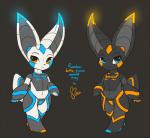 anthro armor black_body black_skin blue_eyes chibi cybernetics duo fertech glowing grey_background machine orange_eyes simple_background white_body white_skin feretta battle-fendroid android canid canine fennec_fox fox mammal robot true_fox digital_media_(artwork)