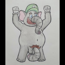 anthro big_penis drawing_pen facial_hair genitals grey_body long_penis male mustache nude penis pubes simple_background solo standing zadori mario_bros nintendo luigi elephant elephantid humanoid mammal proboscidean 1:1 absurd_res hi_res