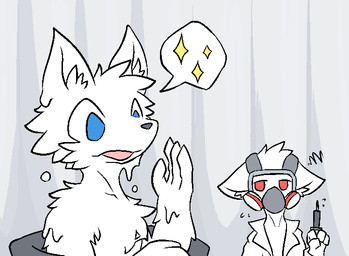 after_transformation anthro blue_eyes fur gas_mask goo_transformation human_to_anthro male male/male mask nude open_mouth red_eyes scientist shocked simple_background sparkles species_transformation tongue tongue_out transformation transformation_through_injection white_background white_body white_ears white_fur amecissist changed_(video_game) dr._k_(changed) lin_(changed) canid canine canis goo_creature human mammal wolf