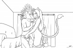 2015 3:2 aio_robertson anthro black-kitten black_and_white bottomwear bottomwear_down breast_grab breast_squeeze breasts clothed clothing curtains digital_drawing_(artwork) digital_media_(artwork) duo felid female fur furniture hair hand_on_breast inside line_art lion long_hair male male/female mammal medium_breasts mephitid monochrome pantherine pants pants_down partially_clothed shoka_attenborough skunk smile sofa squeezing topless undressing