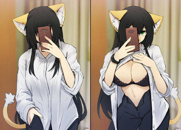 breasts cellphone clothed clothing ear_tuft electronics female green_eyes looking_at_viewer navel open_clothing open_shirt open_topwear phone presenting presenting_breasts shirt smartphone smile solo topwear tuft sollyz sollyz_(character) animal_humanoid cat_humanoid felid felid_humanoid feline feline_humanoid humanoid mammal mammal_humanoid 2021 colored signature
