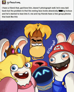 anthro big_nose black_eyebrows black_eyes black_facial_hair black_mustache blonde_hair blue_background blue_eyes buckteeth button_(fastener) clothed clothed_anthro clothed_female clothed_male clothing eyebrows facial_hair female female_anthro fur group hair hat headgear headwear light long_ears long_hair looking_at_viewer machine male male_anthro male_humanoid metallic_body multicolored_body mustache narrowed_eyes noseless open_mouth open_smile pink_clothing pink_shirt pink_topwear red_clothing red_hat red_headwear red_tongue screen screen_face selfie shirt short_hair simple_background smile smiling_at_viewer squint tan_eyelids tan_inner_ear teeth text tongue topwear two_tone_body username white_body white_fur flamigoat mario_bros mario_plus_rabbids_kingdom_battle mario_plus_rabbids_sparks_of_hope nintendo raving_rabbids rayman_(series) ubisoft beep-0 rabbid_mario rabbid_peach rayman humanoid lagomorph mammal rabbid raypeople_(rayman) robot 2024 artist_name colored crossover digital_drawing_(artwork) digital_media_(artwork) english_text hi_res lighting shaded