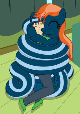brown_hair coiling cuddling duo eyes_closed female hair hug male orange_hair restrained badumsquish hasbro my_little_pony anon fan_character generic_messy_hair_anime_anon kalianne equid equine horse human hybrid mammal pony reptile scalie snake 2015 absurd_res hi_res