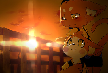 4_fingers anthro blush duo eye_contact fence fingers leaning looking_at_another male outside sun sunset yellow_eyes young young_anthro dagasi felid mammal digital_media_(artwork)