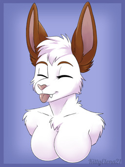 anthro blep breasts brown_ears eyebrows eyes_closed fangs featureless_breasts female fur head_tuft short_fur smile solo teeth tongue tongue_out tuft white_body white_fur kittyelena cinnamon_(bunwithmemes) lagomorph leporid mammal rabbit vampire 2021 3:4 absurd_res hi_res