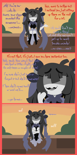 black_hair bodily_fluids boots bow_ribbon clothing doll dress eyeless female footwear hair high_heeled_boots high_heels long_hair moon night shoes solo tears text white_body white_skin shane_frost animate_inanimate humanoid absurd_res comic english_text hi_res long_image tall_image
