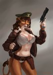 anthro belt bomber_jacket bottomless breasts brown_body brown_fur brown_hair cleavage clothed clothing ear_piercing ear_ring female fur green_eyes gun gun_belt hair handgun hat headgear headwear holster jacket jewelry looking_at_viewer navel navel_piercing necklace open_clothing open_jacket open_topwear piercing pose ranged_weapon revolver ring_piercing shirt solo standing tail tail_tuft tied_shirt topwear tuft weapon white_body white_fur zipper conqista felid lion mammal pantherine 2022 absurd_res hi_res pinup