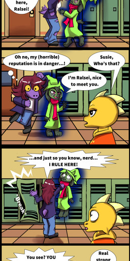 anthro dialogue female locker male school text caliluminos deltarune undertale_(series) kris_dreemurr monster_kid ralsei susie_(deltarune) bovid caprine goat mammal absurd_res comic english_text hi_res tagme