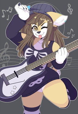 anthro bass_guitar beanie biped brown_eyes brown_hair clothed clothing female front_view grey_background guitar guitar_pick hair hat headgear headwear legwear long_hair looking_at_viewer musical_instrument musical_note musical_symbol one_eye_closed pattern_clothing pattern_legwear pattern_stockings playing_guitar playing_music plucked_string_instrument simple_background solo standing stockings string_instrument striped_clothing striped_legwear striped_stockings stripes symbol thick_thighs tongue tongue_out wink ashiji blitzy_(blitzy-arts) canid canine canis domestic_dog mammal shiba_inu spitz 2017 digital_media_(artwork) hi_res portrait three-quarter_portrait