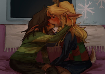 ambiguous_gender anthro antlers bent_over black_bottomwear black_clothing black_skirt blonde_hair blush blush_lines blushing_profusely bottomwear brown_body brown_fur caressing checkered checkered_clothing checkered_shirt checkered_topwear clothed clothed_anthro clothed_human clothing covered_eyes dark_hair detailed_background dipstick_tail duo electronics eyebrows eyes_closed female female/ambiguous female_anthro fingers french_kissing fully_clothed fully_clothed_anthro fully_clothed_human fur furniture hair hair_over_eyes hand_in_hair hand_on_leg hand_on_thigh holding_head horn human_on_anthro interspecies interspecies_romance kissing long_ears long_hair love markings pants pattern_clothing pattern_shirt pattern_topwear raised_tail red_nose romantic romantic_couple scut_tail shirt short_hair short_tail sitting skirt snowflake sofa striped_clothing stripes sweater tail tail_markings television topwear touching_hair pumee001 deltarune undertale_(series) kris_dreemurr noelle_holiday deer human mammal new_world_deer reindeer hi_res signature