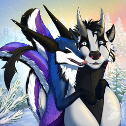 ambiguous_gender duo eyes_closed feral fluffy fluffy_tail forest forest_background fur horn hug licking looking_at_viewer nature nature_background outside plant snow snowing tail tongue tree winter judasyfox canid canine canis fox hybrid mammal wolf 1:1 absurd_res hi_res