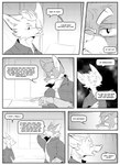 absurd_res anthro braun_(kifyun2) canid canine clothed clothing comic dialogue duo english_text eyewear fox glasses hi_res inner_ear_fluff inside kifyun2 male mammal monochrome necktie prosthetic prosthetic_arm prosthetic_limb ring sho_kimura simple_background speech_bubble text tuft