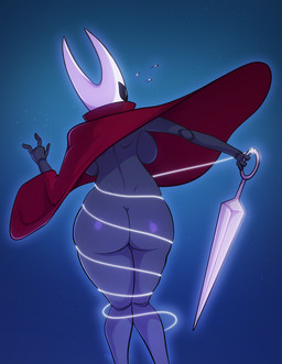 anthro biped black_body black_exoskeleton breasts butt clothed clothing exoskeleton female holding_object holding_weapon monotone_body no_pupils rear_view red_clothing simple_background solo standing thick_thighs weapon white_head conditional_dnp kadath hollow_knight_(franchise) team_cherry hornet_(hollow_knight) arthropod 2025 hi_res