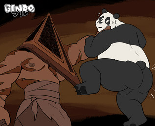 anthro backsack balls butt clothing duo feet fingers for_a_head fur genitals holding_head looking_back male male/male muscular muscular_humanoid muscular_male nude overweight overweight_anthro overweight_male simple_background tail toes gendomx dreamworks konami kung_fu_panda silent_hill master_po_ping pyramid_head bear giant_panda humanoid mammal object_head digital_media_(artwork) hi_res