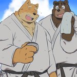 anthro bodily_fluids brown_body cloud duo eyes_closed humanoid_hands keikogi kemono male martial_arts_uniform outside overweight overweight_male sportswear sweat towel mtmnkmn125 bear canid canine canis domestic_dog mammal 1:1 2022 hi_res