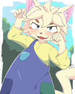 anthro blue_eyes clothing fangs fur kemono looking_at_viewer male open_mouth overalls paw_pose pose solo tan_body tan_fur teeth young young_anthro young_male kemoizumi gundam gundam_build_divers_re:rise towana domestic_cat eldorian felid feline felis mammal 2026 4:5 hi_res japanese_description portrait three-quarter_portrait