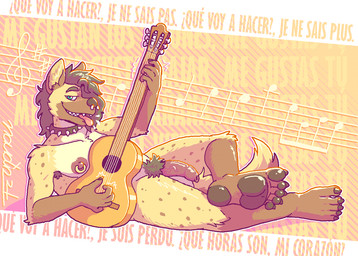 5_toes acoustic_guitar anthro armpit_hair body_hair collar facial_piercing feet flaccid foreskin genitals guitar hair long_foreskin long_hair lying male music musical_instrument nipple_piercing nipple_ring nipples nose_piercing nude on_back pawpads penis piercing playing_guitar playing_music plucked_string_instrument pubes ring_piercing septum_piercing solo spiked_collar spikes spots string_instrument tail text toes unretracted_foreskin vein veiny_penis naudiz_(artist) hyena mammal