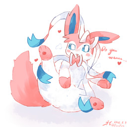 ambiguous_gender blue_inner_ear blue_sclera blush bodily_fluids butt featureless_crotch feral floating_heart heart_symbol leg_markings looking_at_viewer lying markings null on_back open_mouth paw_on_belly pawpads presenting_crotch raised_leg ribbons_(anatomy) socks_(marking) solo spread_legs spreading sweat sweaty_butt talking_to_viewer text white_body white_eyes f2cc nintendo pokemon eeveelution generation_6_pokemon mammal pokemon_(species) sylveon tagme female_(lore)