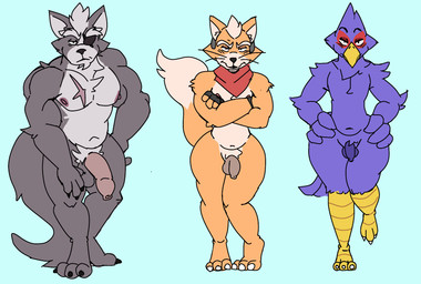 3_toes anthro avian_feet ball_size_difference balls beak biceps big_butt big_penis blue_balls blue_body blue_penis butt darkened_balls darkened_genitalia darkened_penis feathers feet femboy flaccid foreskin genitals grey_balls group humanoid_genitalia humanoid_penis male muscular muscular_anthro muscular_male navel nipples nude nude_anthro nude_male penis penis_size_difference scar simple_background small_penis small_waist tail tail_feathers tan_balls tan_penis thick_thighs toes trio whiskers wide_hips yellow_beak apolonoise nintendo star_fox falco_lombardi fox_mccloud wolf_o'donnell avian canid canine canis fox mammal wolf hi_res