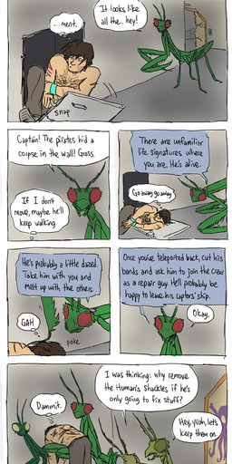 brown_hair cuff_(restraint) dialogue hair handcuffs humor male metal_cuffs restraints scar shackles slave text dirtytabs ftl:_faster_than_light arthropod human insect mammal mantis comic english_text hi_res