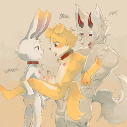2_horns 5_fingers abdominal_bulge anal anal_penetration anthro anthro_on_anthro anthro_penetrated anthro_penetrating anthro_penetrating_anthro arm_grab balls bell bell_collar big_penis black_nose blush bodily_fluids butt collar cum cum_from_ass cum_in_ass cum_inside cumshot double_anal double_penetration ejaculation erection eyebrows facial_tuft fingers fluffy fluffy_tail fur genital_fluids genitals glistening glistening_balls glistening_body glistening_genitalia glistening_penis group group_sex horn inner_ear_fluff kemono leg_grab looking_at_another looking_pleasured male male/male male_anthro male_penetrated male_penetrating male_penetrating_male motion_lines multicolored_body multicolored_fur narrowed_eyes nipples nude_anthro nude_male open_mouth orgasm penetration penis penis_size_difference pink_inner_ear pink_nipples pointy_ears red_collar red_eyes red_horn sex simple_background size_difference standing tail tail_tuft text threesome tongue tongue_out trio tuft two_tone_body two_tone_fur white_balls white_body white_eyebrows white_fur white_penis yellow_body yellow_fur young young_anthro young_male young_penetrated young_penetrating regcron crowl_(regcron) lyent_(regcron) throdeus_(regcron) canid canine canis domestic_dog lagomorph leporid mammal rabbit wolf 1:1 2025 character_name hi_res