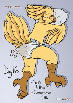 ambiguous_gender anthro bodily_noises clothed clothing diaper diaper_only feces lying on_front pooping sleep_pooping sleeping soiled_diaper soiling soiling_diaper solo topless unclean_diaper used_diaper using_diaper wearing_diaper chocolatekitsune final_fantasy square_enix avian chocobo hi_res