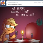 alcohol apple ask_jappleack beverage blonde_hair candle dialogue female feral food freckles fruit furniture green_eyes hair long_hair plant ponytail solo table tablecloth text wine hotdiggedydemon friendship_is_magic hasbro my_little_pony tumblr applejack_(mlp) earth_pony equid equine horse mammal pony 1:1 english_text