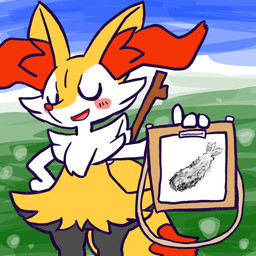 ambiguous_anthro ambiguous_gender anthro biped blush blush_stickers digitigrade dipstick_tail drawing_(object) eyes_closed food front_view hand_on_hip markings open_mouth open_smile outside proud shrimp_(food) smile snout solo standing tail tail_markings annyui0611 nintendo pokemon braixen canid generation_6_pokemon mammal pokemon_(species) 1:1 2024 digital_drawing_(artwork) digital_media_(artwork) hi_res japanese_description portrait three-quarter_portrait translated_description