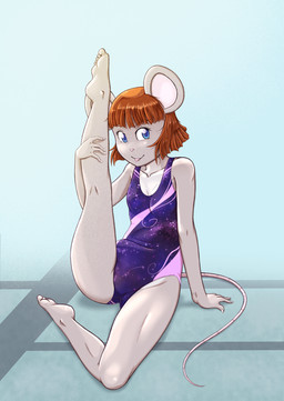 adolescent anthro arm_support barefoot biped blue_eyes blush blush_lines breasts brown_hair clothed clothing countershade_torso countershading eyebrows feet female flexible front_view fur grey_body grey_fur gymnastics hair leotard looking_at_viewer one_leg_up pink_nose plantigrade raised_leg short_hair simple_background sitting sitting_on_ground small_breasts solo tongue tongue_out white_body white_countershading white_fur young young_anthro young_female risingdragon nina_(risingdragon) mammal mouse murid murine rodent 2026 hi_res