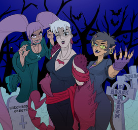 5_fingers black_clothing black_gown black_lipstick black_text blue_lipstick breasts brown_body brown_fur brown_hair cemetery claws cleavage clothed clothing colored_nails cosplay crazy_eyes crossover_cosplay dress female fingers freckled_face freckles fur glowing glowing_eyes gown group hair heterochromatic_scleras holidays jewelry kissy_face lipstick looking_at_viewer makeup nails necklace night one_eye_closed open_mouth pink_eyes purple_hair purple_nail_polish purple_nails red_body red_scales scales scorpion_claws scorpion_tail sharp_nails shoe_soles sky teal_clothing teal_dress teal_nail_polish teal_nails text tombstone trio twintails_(hairstyle) white_hair wink thebestcomicking halloween hanna-barbera masters_of_the_universe mattel netflix scooby-doo_(series) she-ra_(copyright) she-ra_and_the_princesses_of_power catra_(she-ra) entrapta_(she-ra) hex_girls scorpia_(she-ra) animal_humanoid arachnid arachnid_humanoid arthropod arthropod_humanoid avian bat bird cat_humanoid felid felid_humanoid feline feline_humanoid humanoid mammal mammal_humanoid owl scorpion_humanoid 2021 absurd_res crossover digital_drawing_(artwork) digital_media_(artwork) english_description english_text hi_res