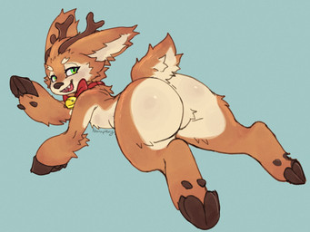 2_horns ambiguous_feral ambiguous_gender antlers bell big_butt big_ears blue_background bow_tie brown_body brown_fur brown_hooves brown_nose brown_tail butt cheek_tuft eyelashes facial_tuft featureless_crotch feral fur glistening glistening_butt glistening_eyes green_eyes hooves horn looking_at_viewer looking_back looking_back_at_viewer multicolored_body multicolored_fur multicolored_tail open_mouth open_smile quadruped rear_view red_bow_tie scut_tail short_tail simple_background smile solo tail tan_body tan_fur tan_inner_ear teeth text tongue tuft two_tone_body two_tone_fur white_tail young young_ambiguous young_feral novaplexy league_of_legends riot_games tencent reindeer_smolder_(lol) smolder_(lol) deer mammal new_world_deer reindeer 2025 4:3 absurd_res artist_name digital_media_(artwork) hi_res male_(lore)