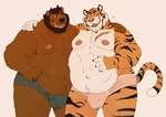 anthro beard belly belly_overhang big_belly big_nipples brown_body bulge clothed clothing duo eye_contact facial_hair hug humanoid_hands looking_at_another male male/male nipples overweight overweight_male scar simple_background underwear underwear_only chuchowriggle bear felid mammal pantherine tiger 2022 hi_res