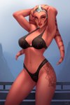 barely_visible_genitalia barely_visible_pussy black_bra black_clothing black_panties black_underwear bra breasts clothing eyebrows eyelashes female genitals hands_behind_head lekku_(anatomy) looking_at_viewer navel not_furry orange_eyes outside panties pussy red_body red_skin solo tattoo translucent translucent_clothing underwear ullr_(artist) star_wars alien alien_humanoid humanoid twi'lek 2021 2:3 hi_res