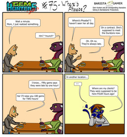 annoyed anthro chair chewing clothing cochlear_implant_processor deaf dialogue dinner_table female food furniture jacket male simple_background sweater table text topwear baristagamerproductions ada_(gem_hunters) alfonso_(gem_hunters) phoebe_(gem_hunters) canid canine canis dingo felid feline mammal reptile scalie snake absurd_res comic english_text hi_res